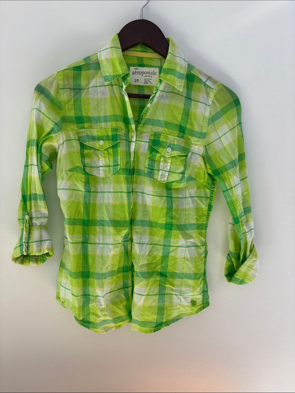 Aeropostale Lime & White Plaid Button-Down Shirt